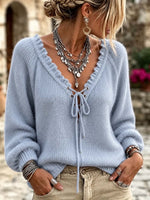 Chic Ruffle-collar V-neck Sweater With Tie Detail