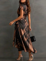 Elegant Deep V-neck Abstract Print Wrap Maxi Dress