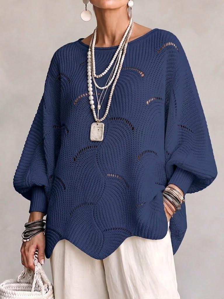 Hollow Wave Pattern Loose Lantern Sleeve Knit Top