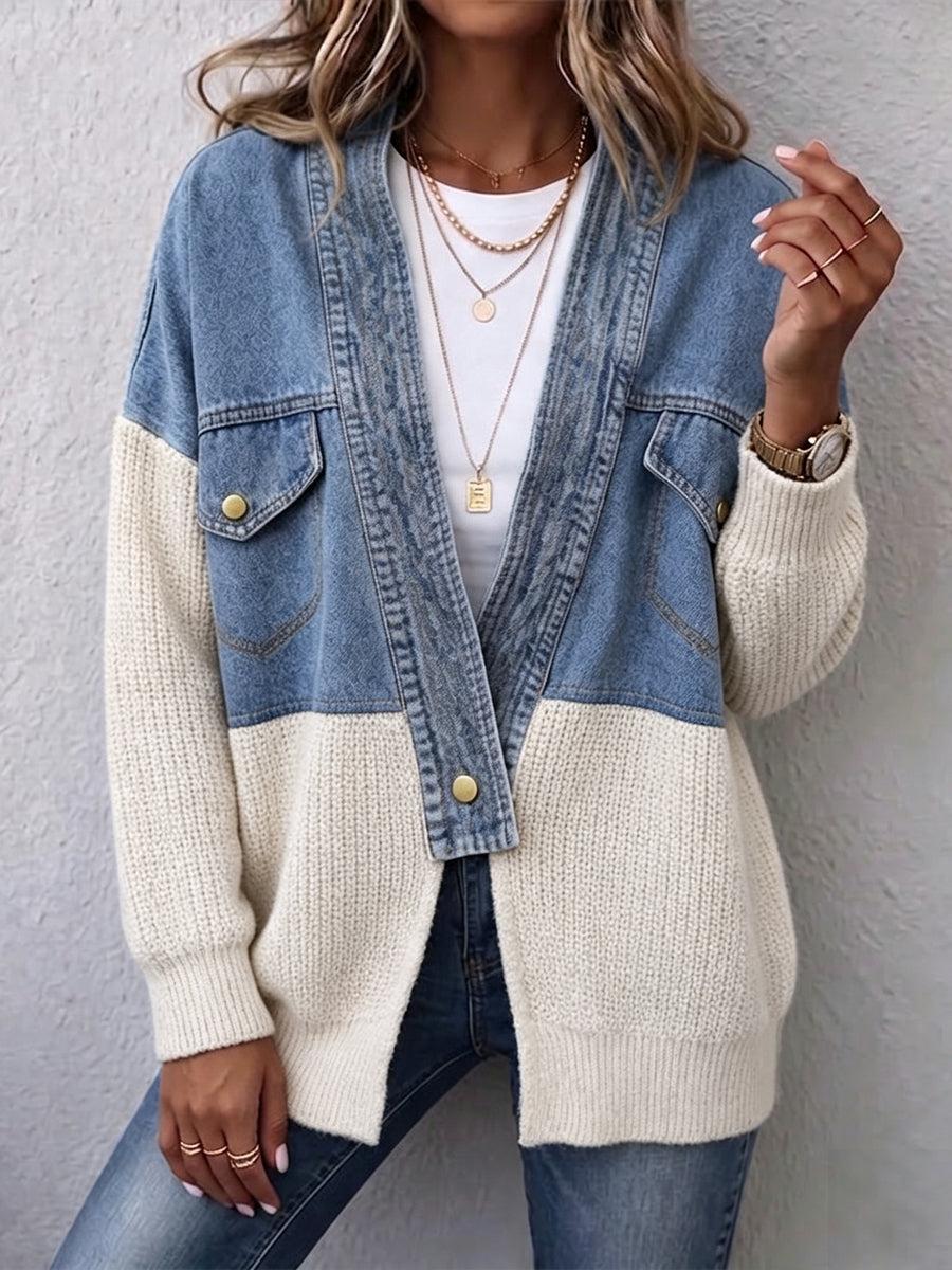 Relaxed, Laid-back Denim And Knit Patchwork Cardigan