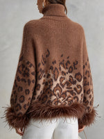 Chic Ombré Leopard-print Feather-trim Turtleneck Knit Top