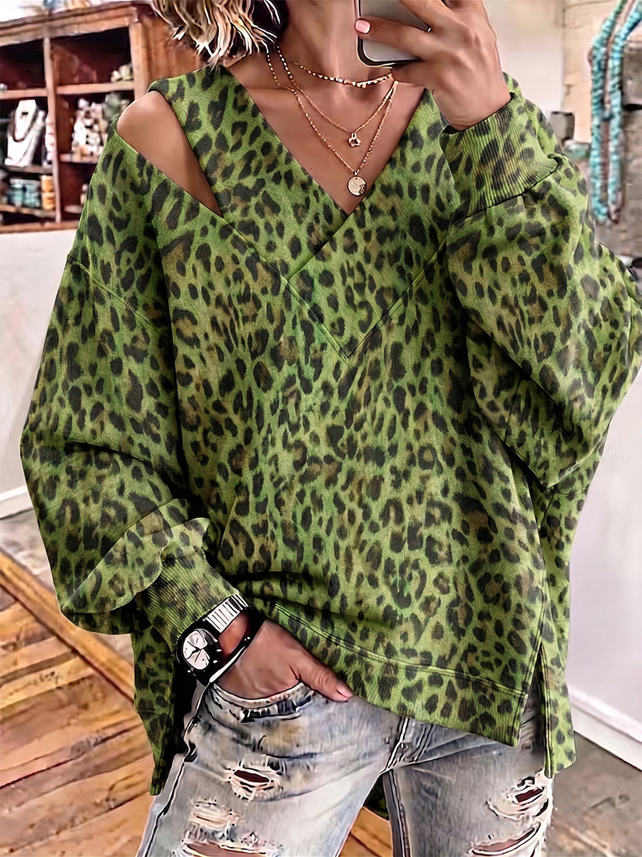 Bold Green Leopard Asymmetrical Cutout Top