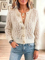 Women's Solid Color Round Neck Hollow-out Long Sleeve Casual Loose Knit Cardigan