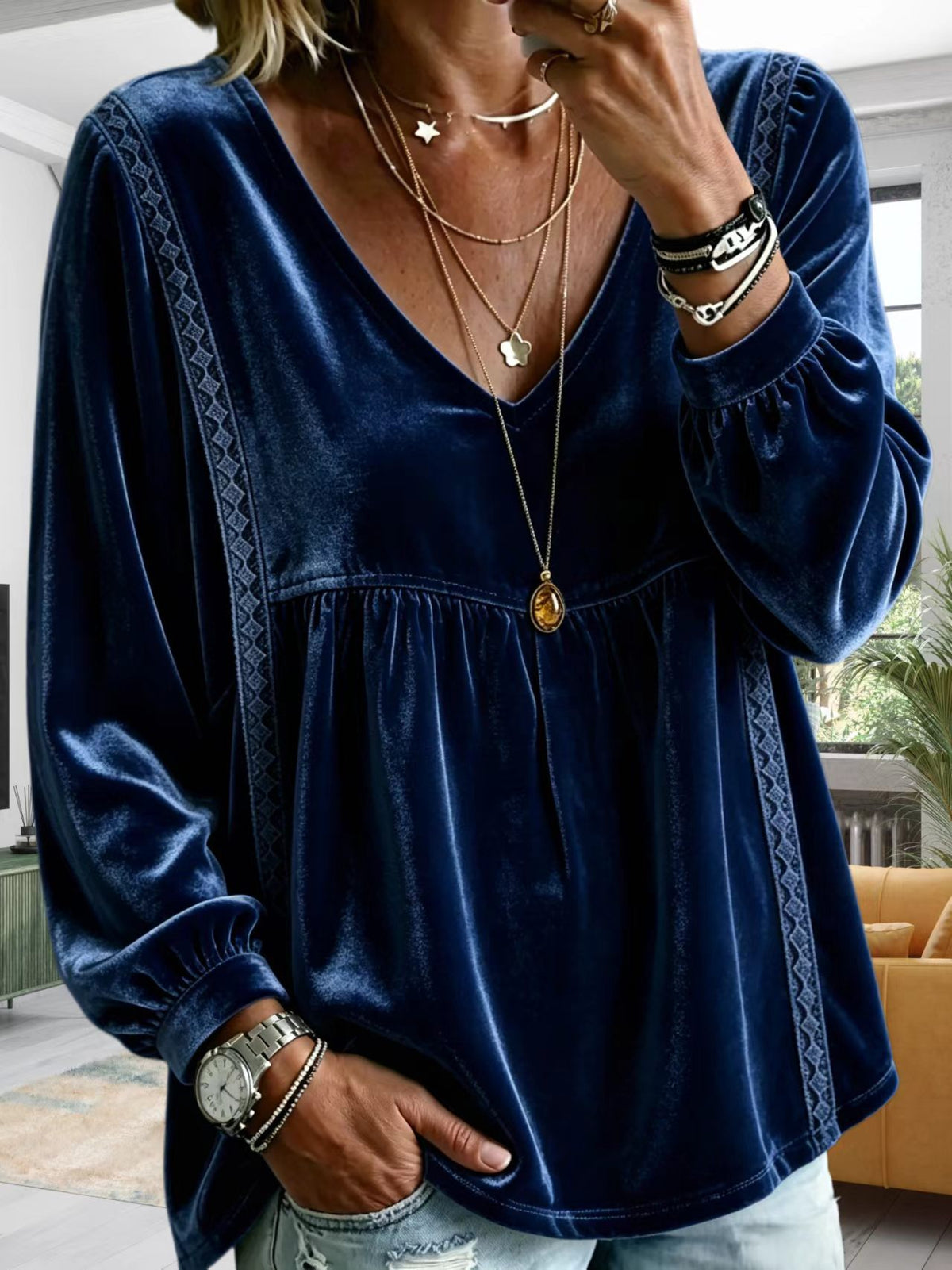 Cozy Velvet Top With Lace Paneling