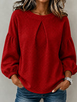 Waffle Textured Pleated Neck Bubble Sleeve Blouse