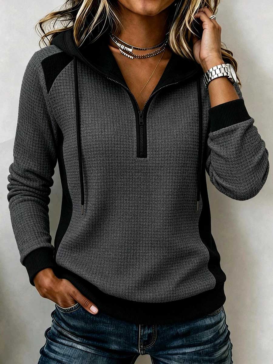 Women's Long-sleeve Casual Loose-fit Color-block Waffle Knit Hoodie With Collar