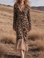 Women's Fuzzy Leopard Print Maxi Dress With Lace Spliced Hem