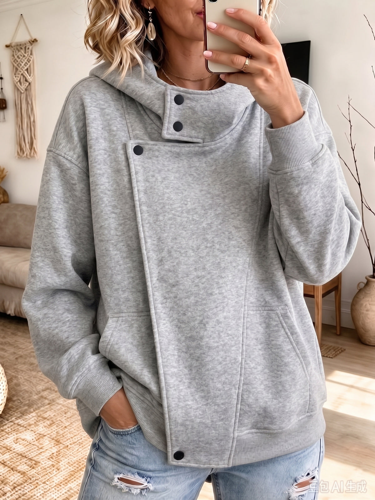 Cozy High Quality Asymmetric Snap-Button Hoodie Top