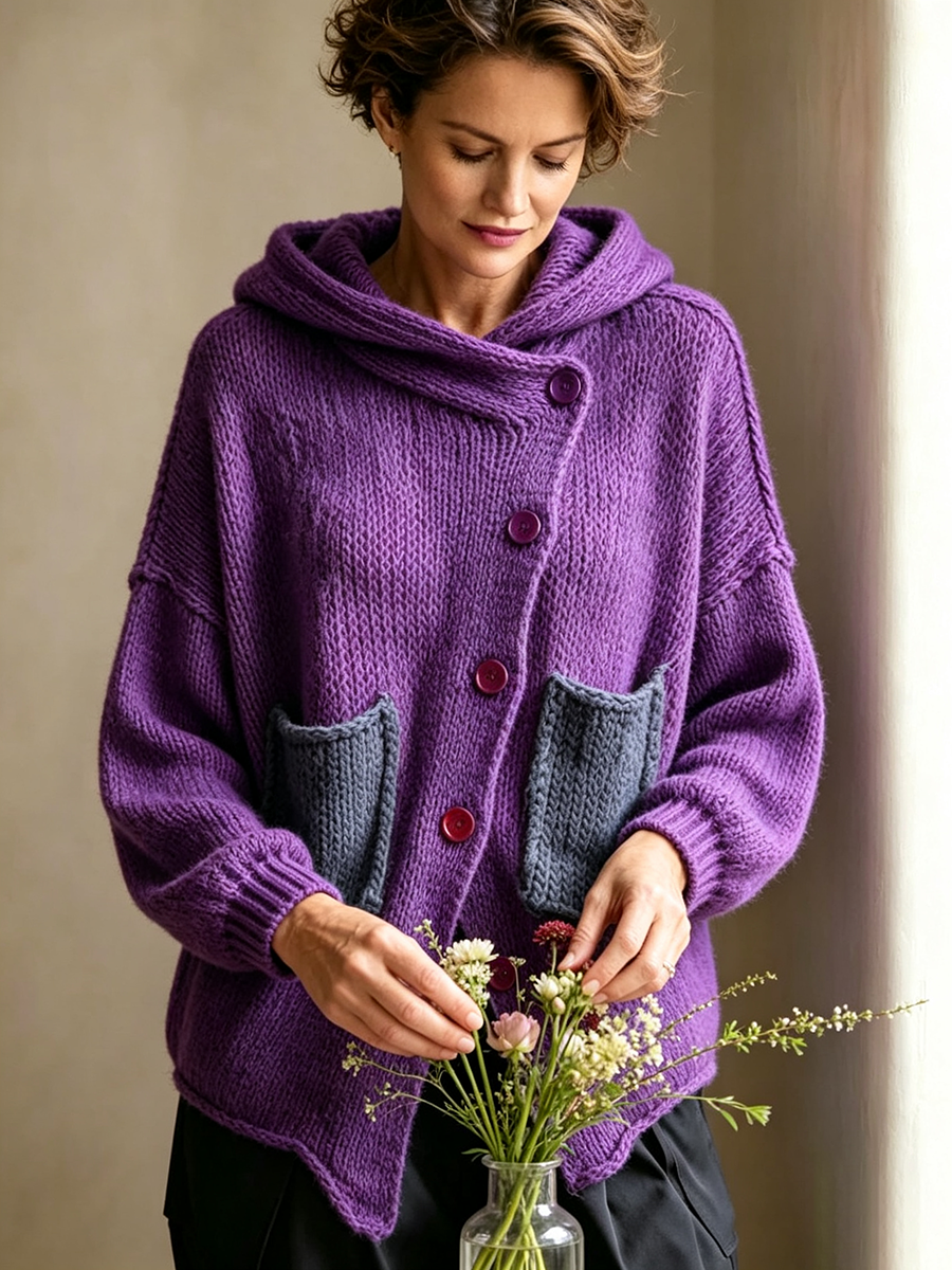 Chic Purple Asymmetric Oversized Hooded Chunky Knit Sweater