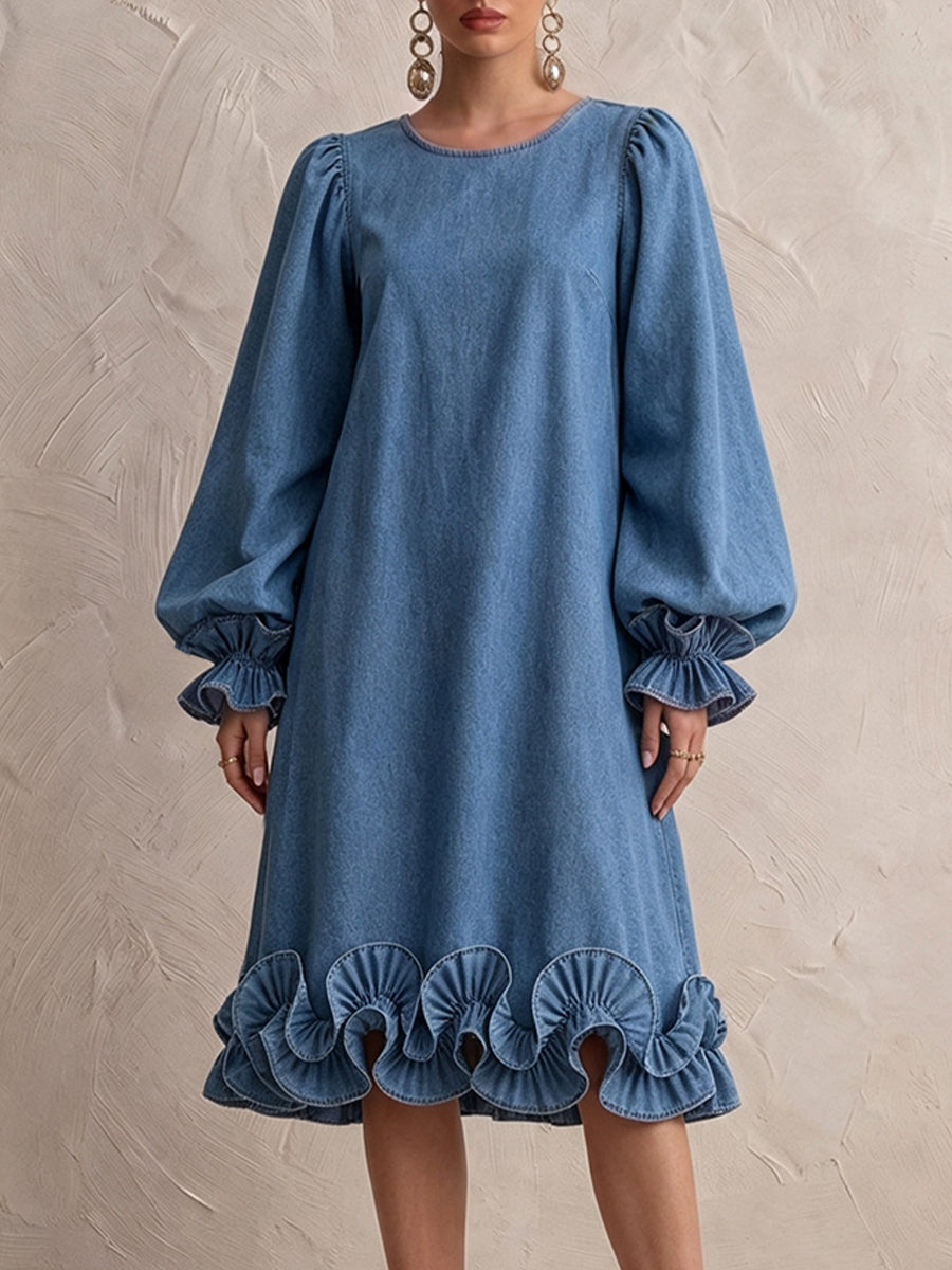 Elegant Ruffled Denim Midi Dress