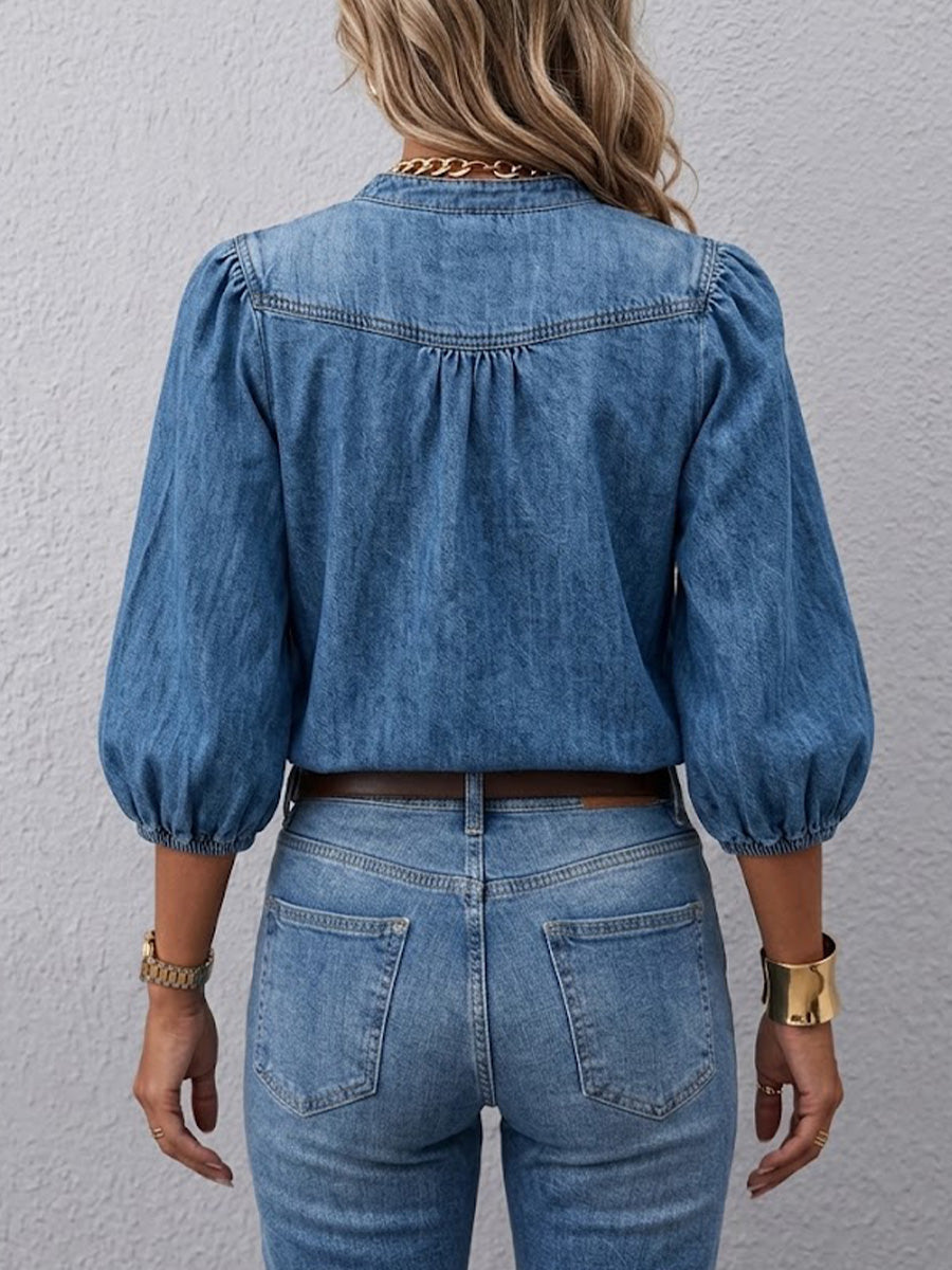 Stylish Casual Retro Lantern-sleeve V-neck Denim Shirt