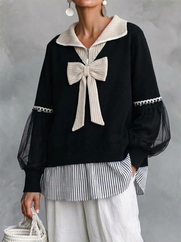 Color Contrast Collar Bow Mesh Splice Fake Two-piece Top