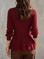 Women's V-neck Ribbed Knit Asymmetrical Button Peplum Sweater