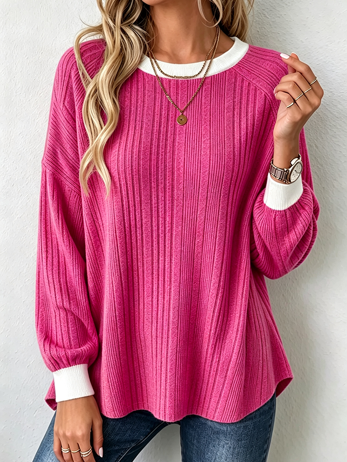 Cozy Chic Contrast Trim Ribbed Sweater