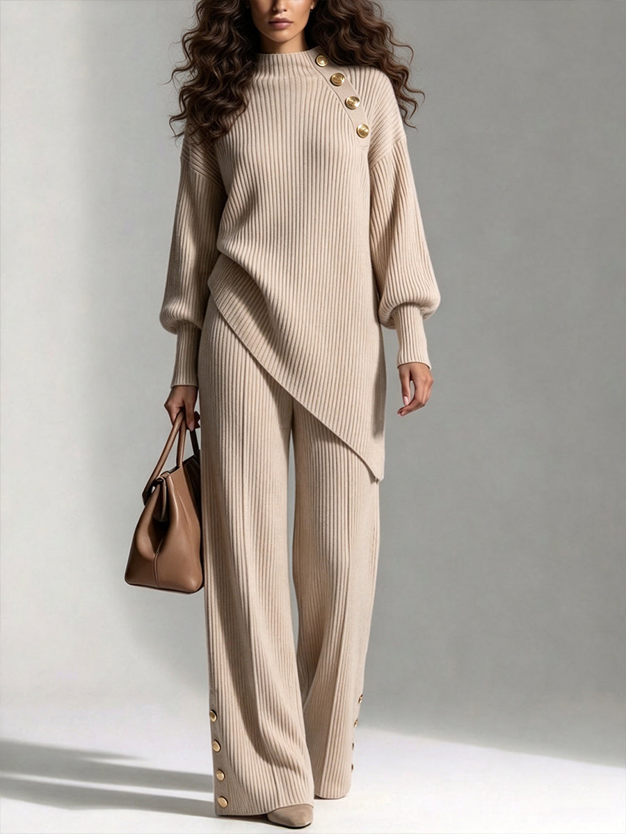 Two-piece Set Featuring A Comfortable Ribbed Knit Top With An Asymmetrical Hem And Matching Pants