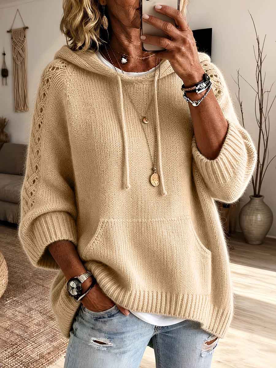 Women's Solid Color V-neck Hollow-out Long Sleeve Casual Loose Hooded Knitted Pullover