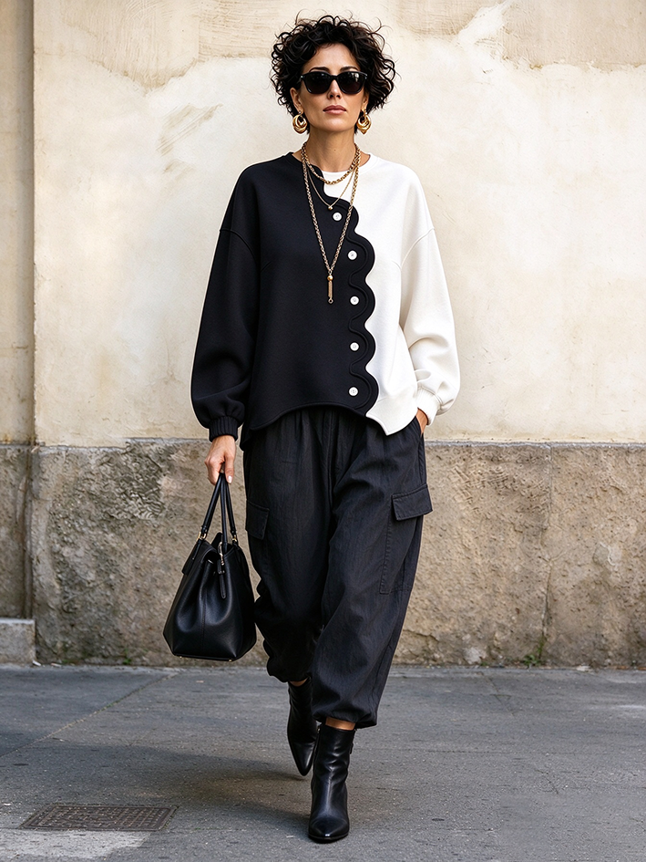 Casual Stylish Scalloped Colorblock Sweatshirt