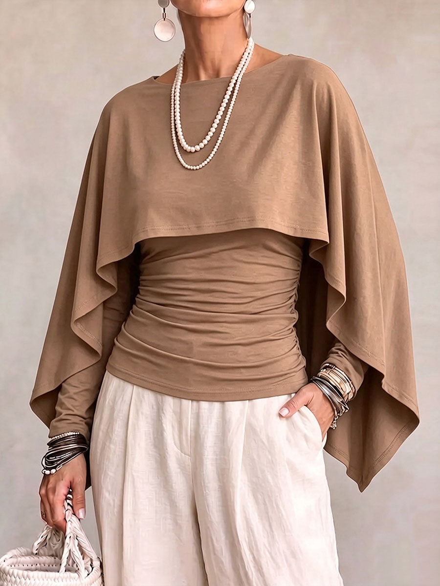Women's Solid Color Round Neck Long-sleeved Casual Loose Cape-style Top