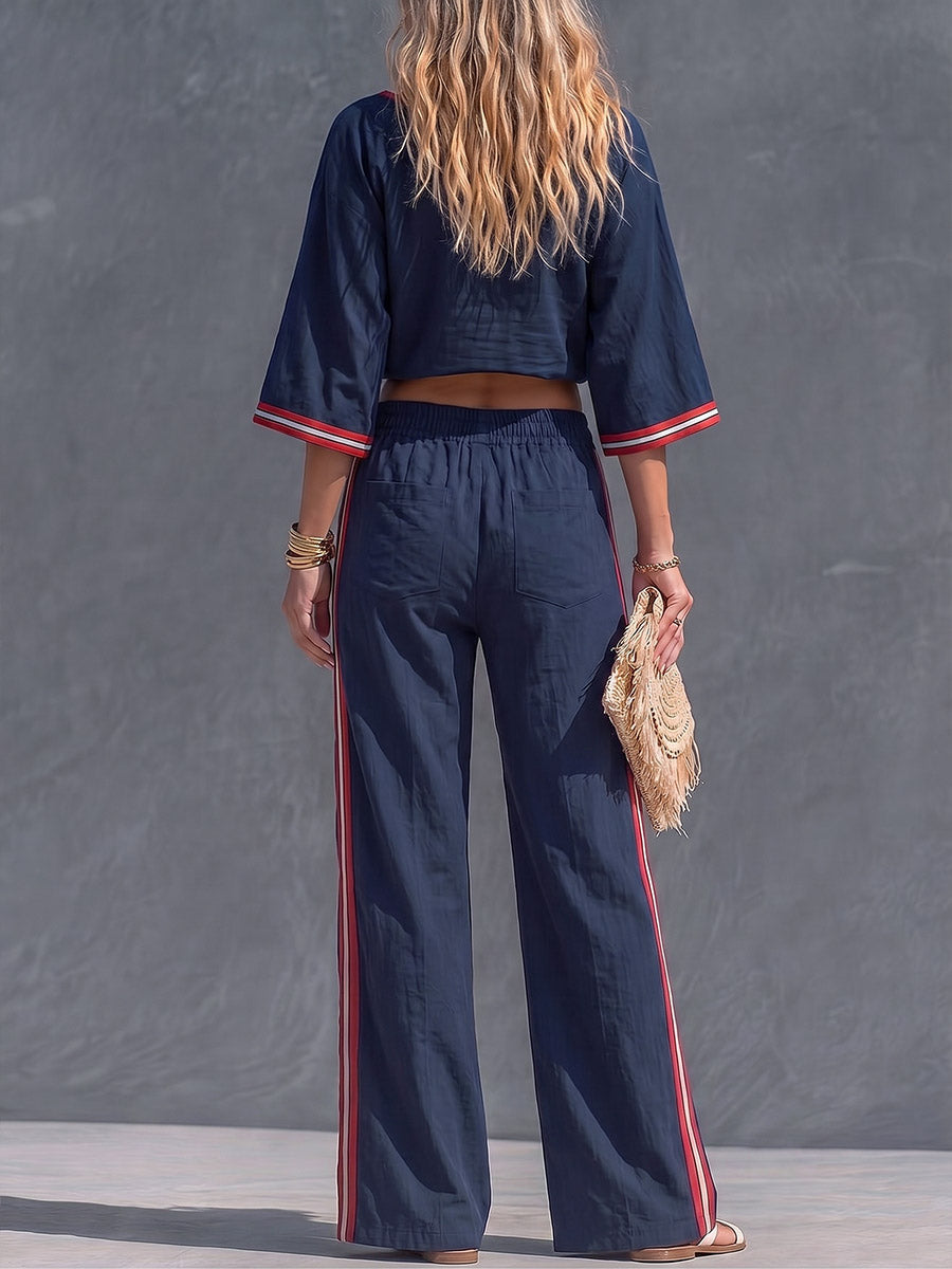 Women's Square Neck 3/4 Sleeve Casual Loose Cotton Linen Top And High Waist Wide Leg Pants Cotton Linen Set