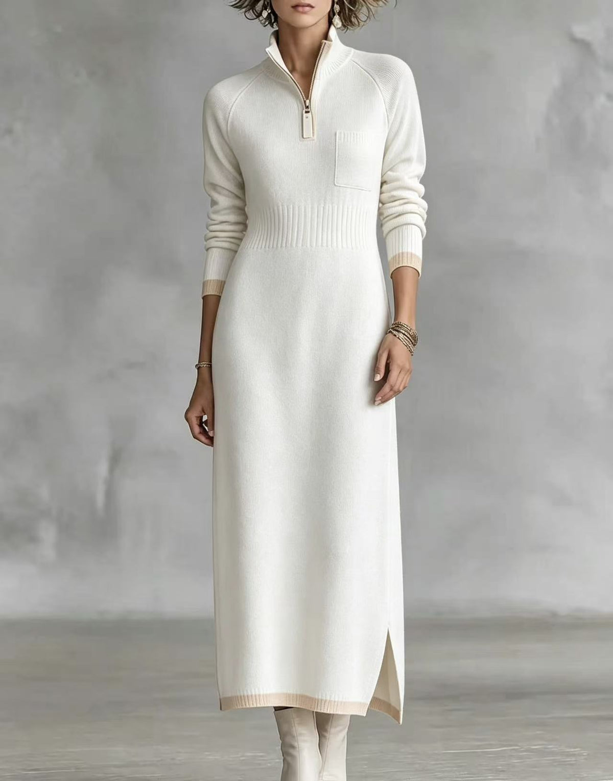 Chic Color-block Trim Quarter-zip Knit Midi Dress