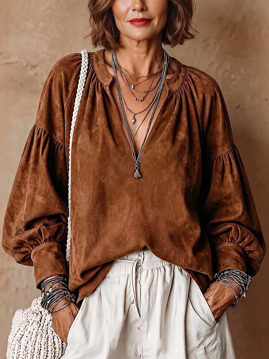 Women's Solid Color V-neck Long-sleeve Loose-fit Suede Pullover Top