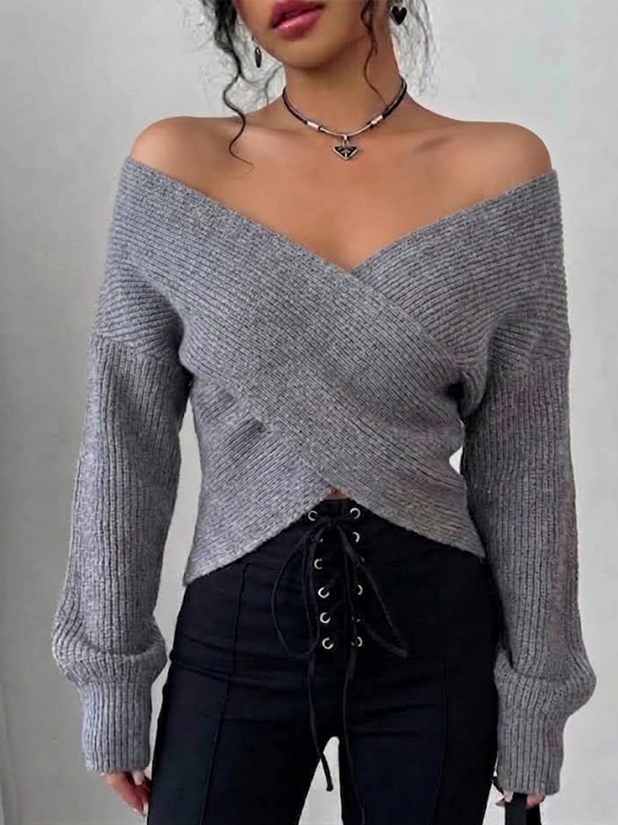 Solid-color Off-shoulder Knit Top With A Crossover V-neck