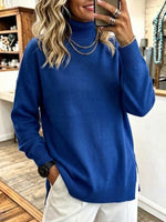High-neck, Side-slit, Loose-fit Knitted Sweater