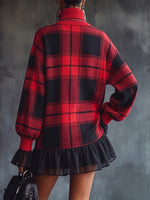 Classic Red Tartan Plaid Turtleneck Ruffle Sweater Dress