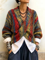 Boho Wrap-Front Striped Knit Pullover