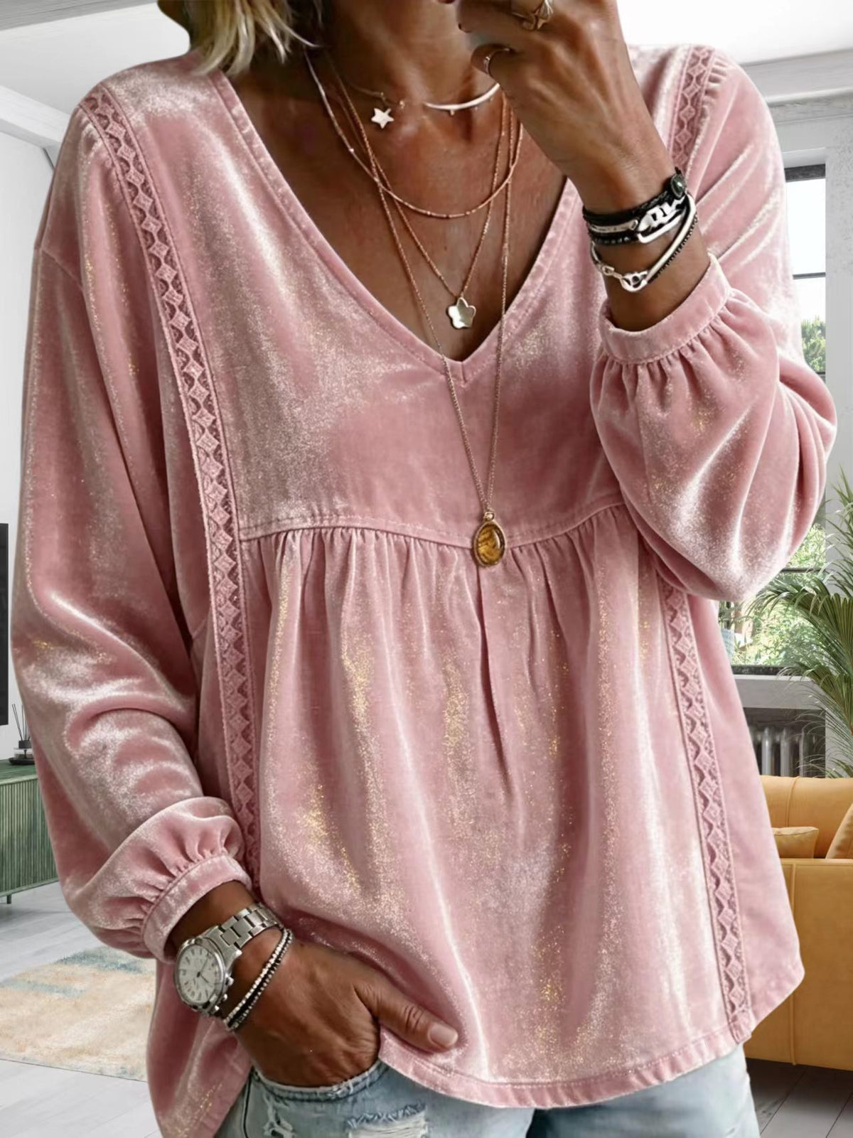 Cozy Velvet Top With Lace Paneling