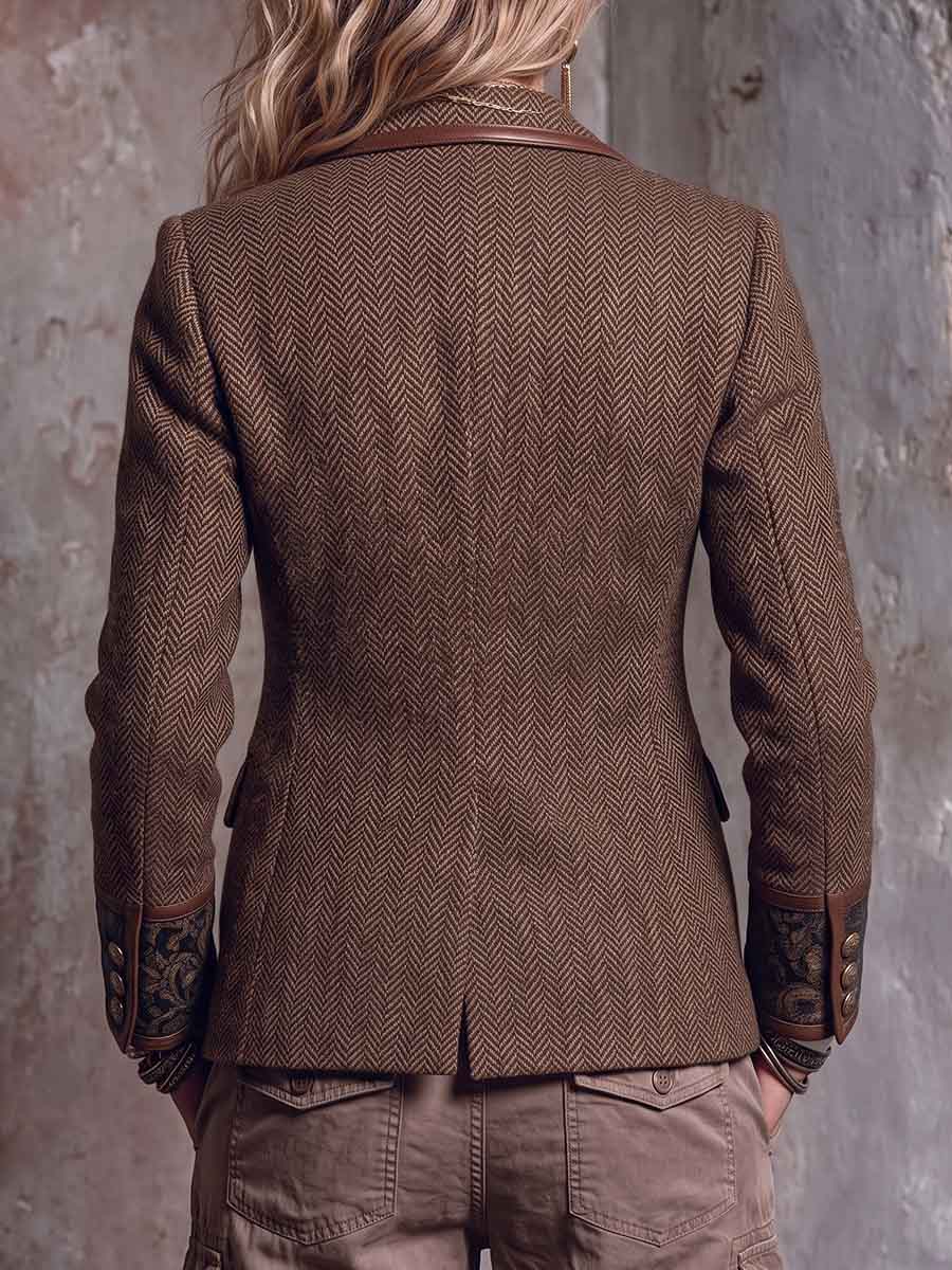 Women's Retro Collared Long Sleeve Casual Loose Color-blocked Herringbone Coat