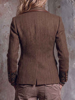 Women's Retro Collared Long Sleeve Casual Loose Color-blocked Herringbone Coat