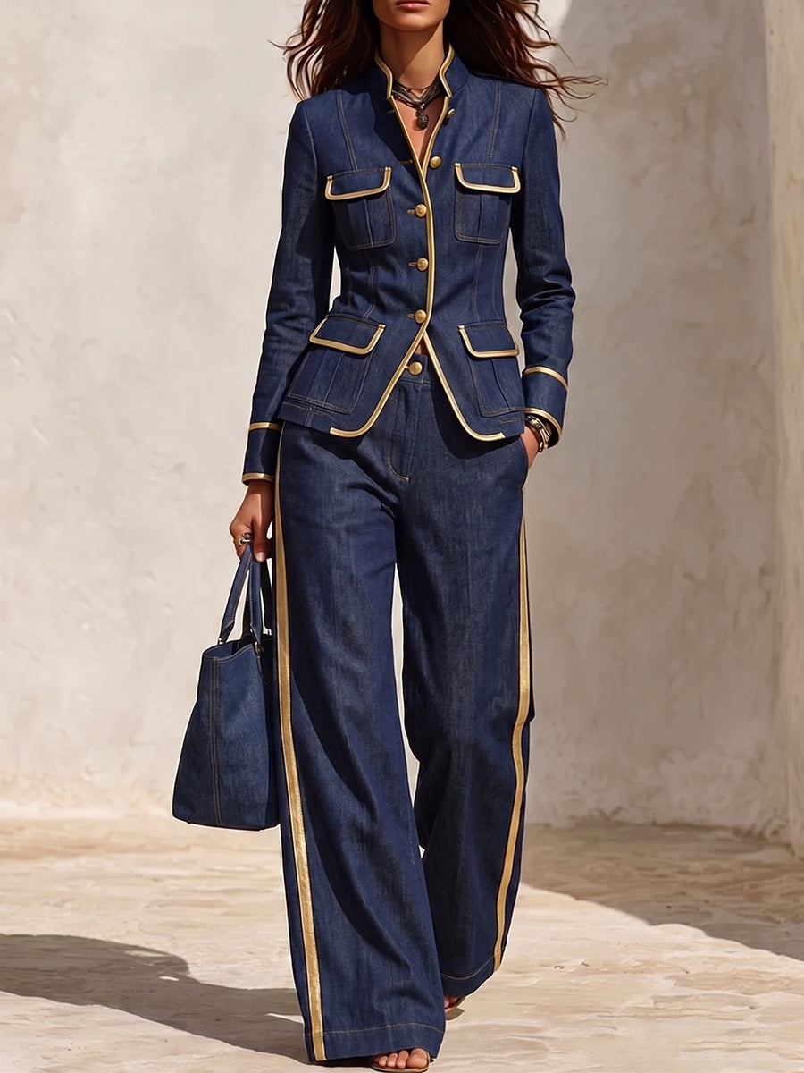 Refined Casual Denim Jacket With Gold Trim