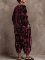 Women's Vintage Burgundy Floral Embossed Velvet Two-piece Set