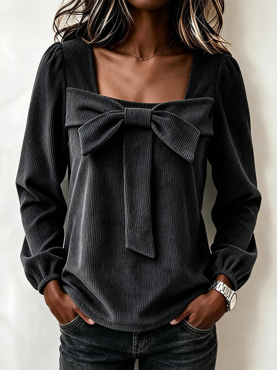 Chic Corduroy Top With A Square Neckline And Bow Detail