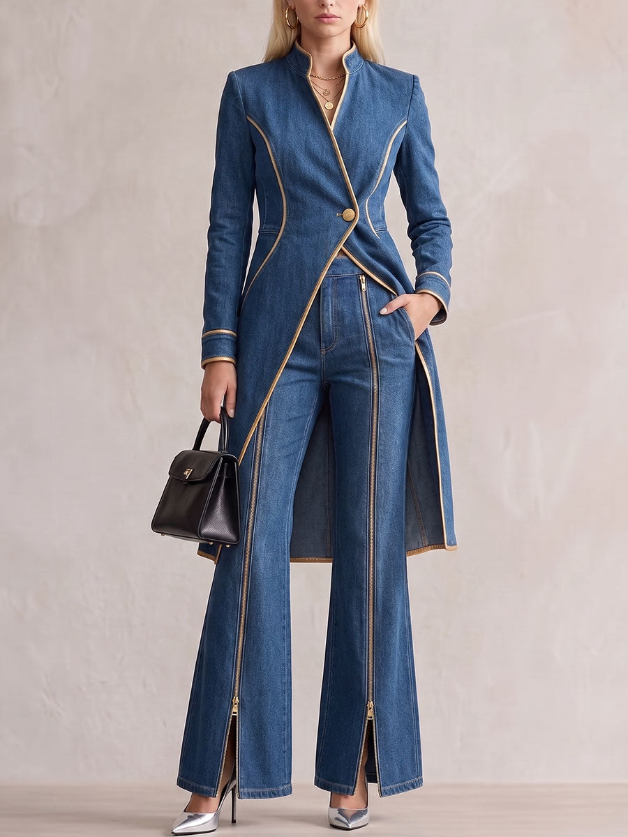 Women's Stand Collar Long Sleeve Casual Loose Denim Long Jacket