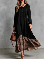 Women's Long Sleeve Black Maxi Dress With Leopard Print Ruffle Hem.