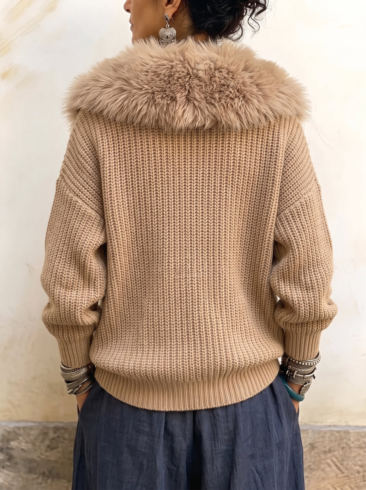 omen's Faux Fur Collar Ribbed Knit Cardigan - Asymmetrical Zip Chunky Sweater Jacket