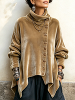 Chic Velvet Asymmetric Button Turtleneck Top