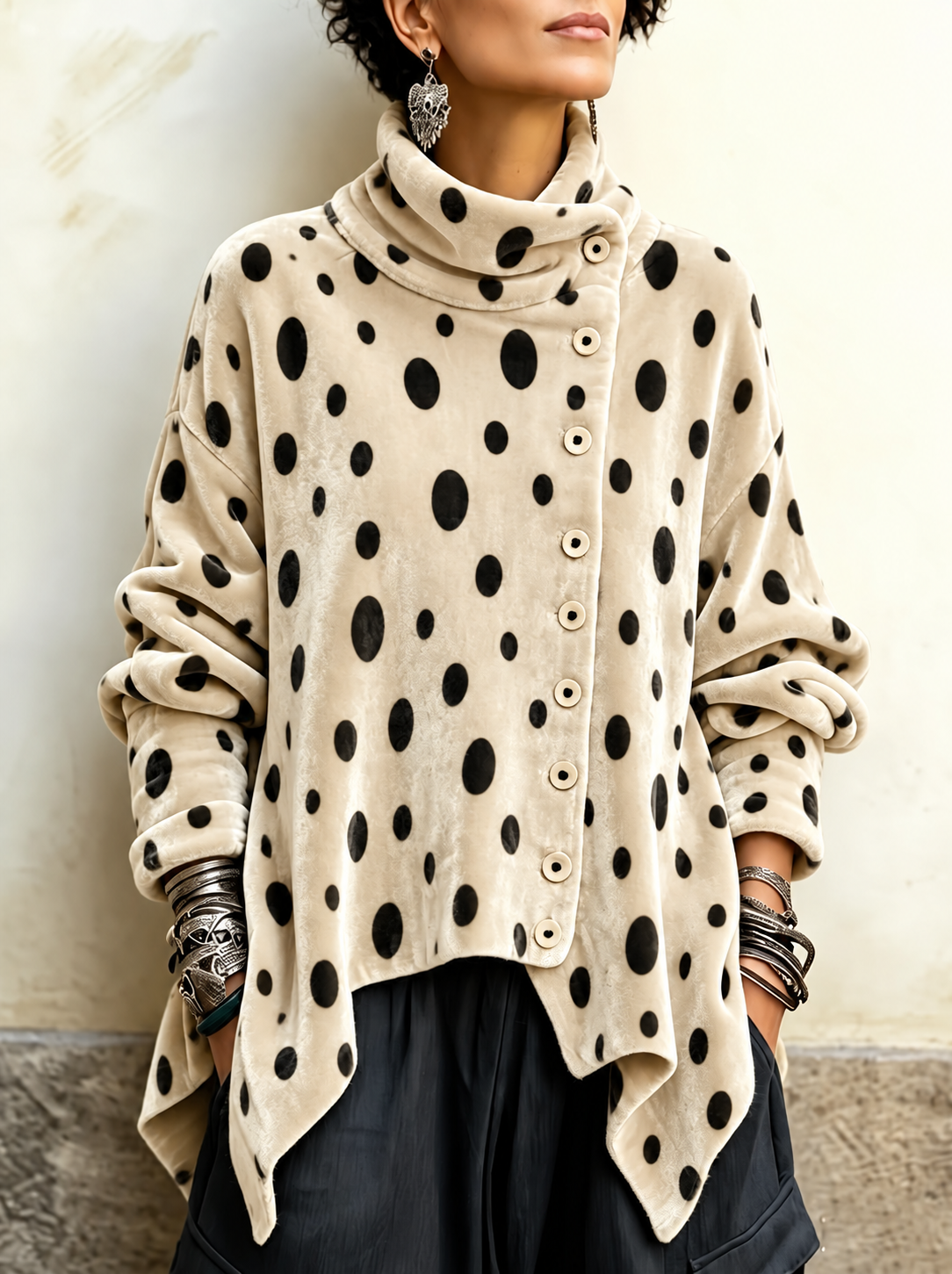 Women's Polka Dot Velvet Cowl Neck Top - Asymmetric Button Front Draped Tunic Blouse