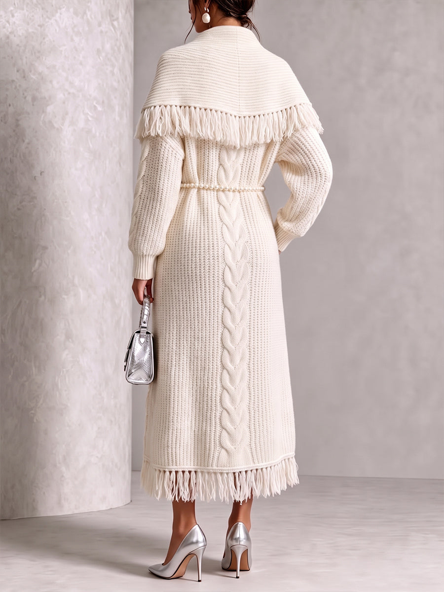 Cozy Fringed Cable-Knit Midi Cardigan Dress