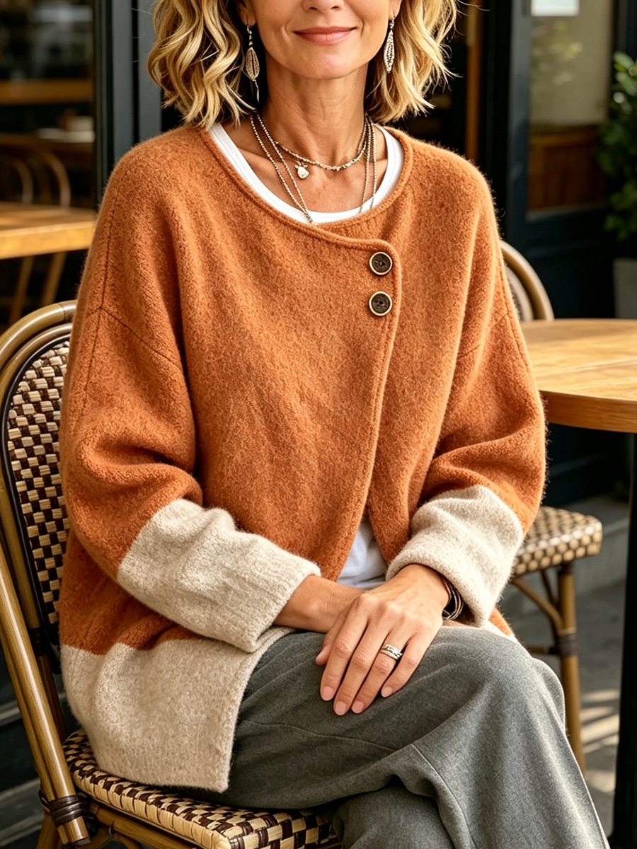 Cozy Asymmetrical Two-tone Wool Blend Cardigan