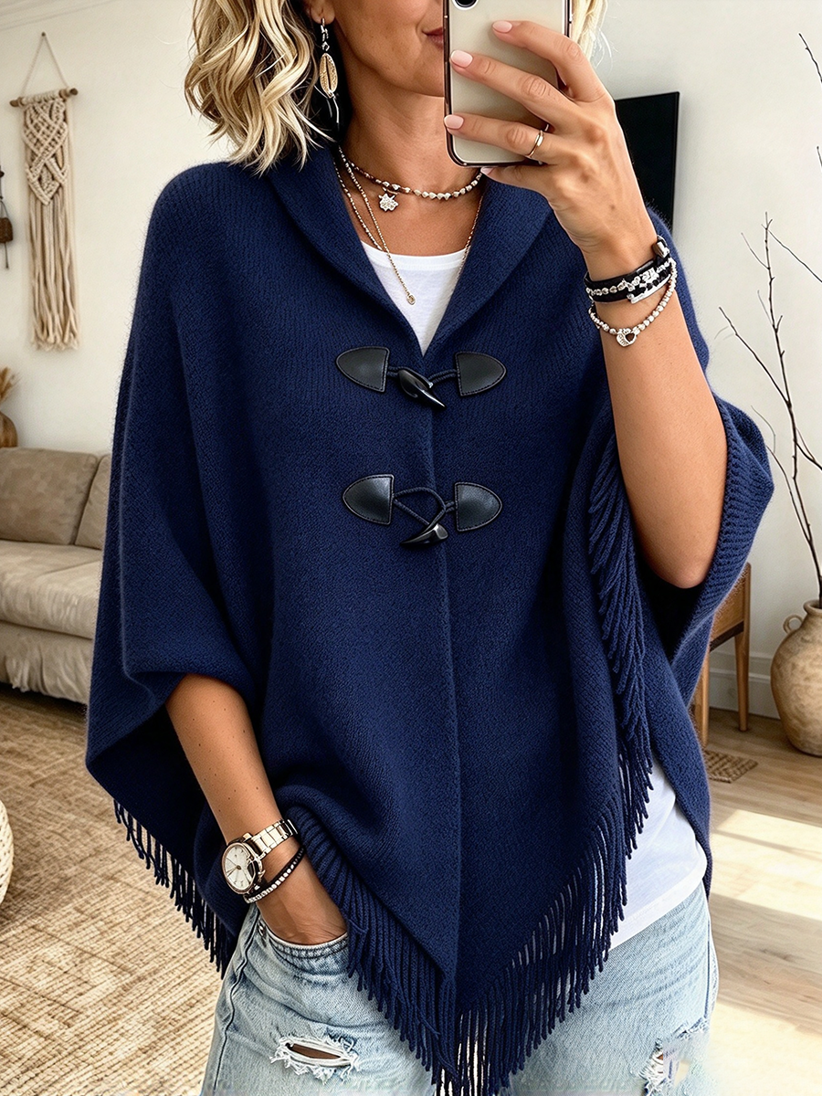 Chic Cozy Fringe Knit Toggle Cape