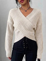 Solid-color Off-shoulder Knit Top With A Crossover V-neck