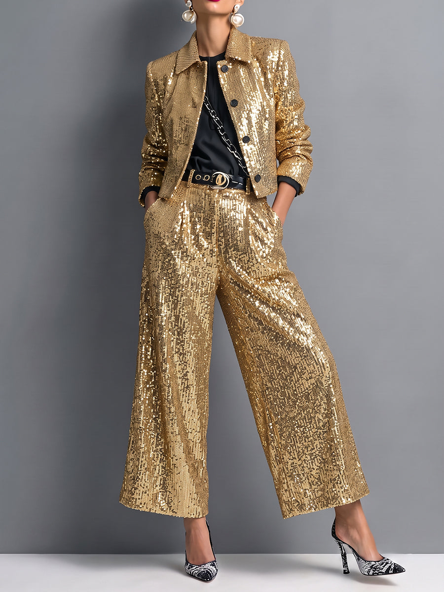Chic Gold Sequin Sparkle Crop Jacket