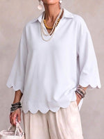 Scallop‑trim Lapel Collar 3/4 Sleeve Relaxed Top