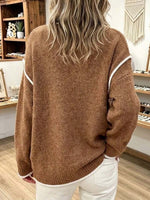 Casual Oversized V-neck Knit Sweater With Contrast Piping