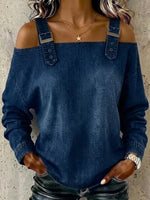 Adjustable Strap Cold‑shoulder Denim Long Sleeve Top