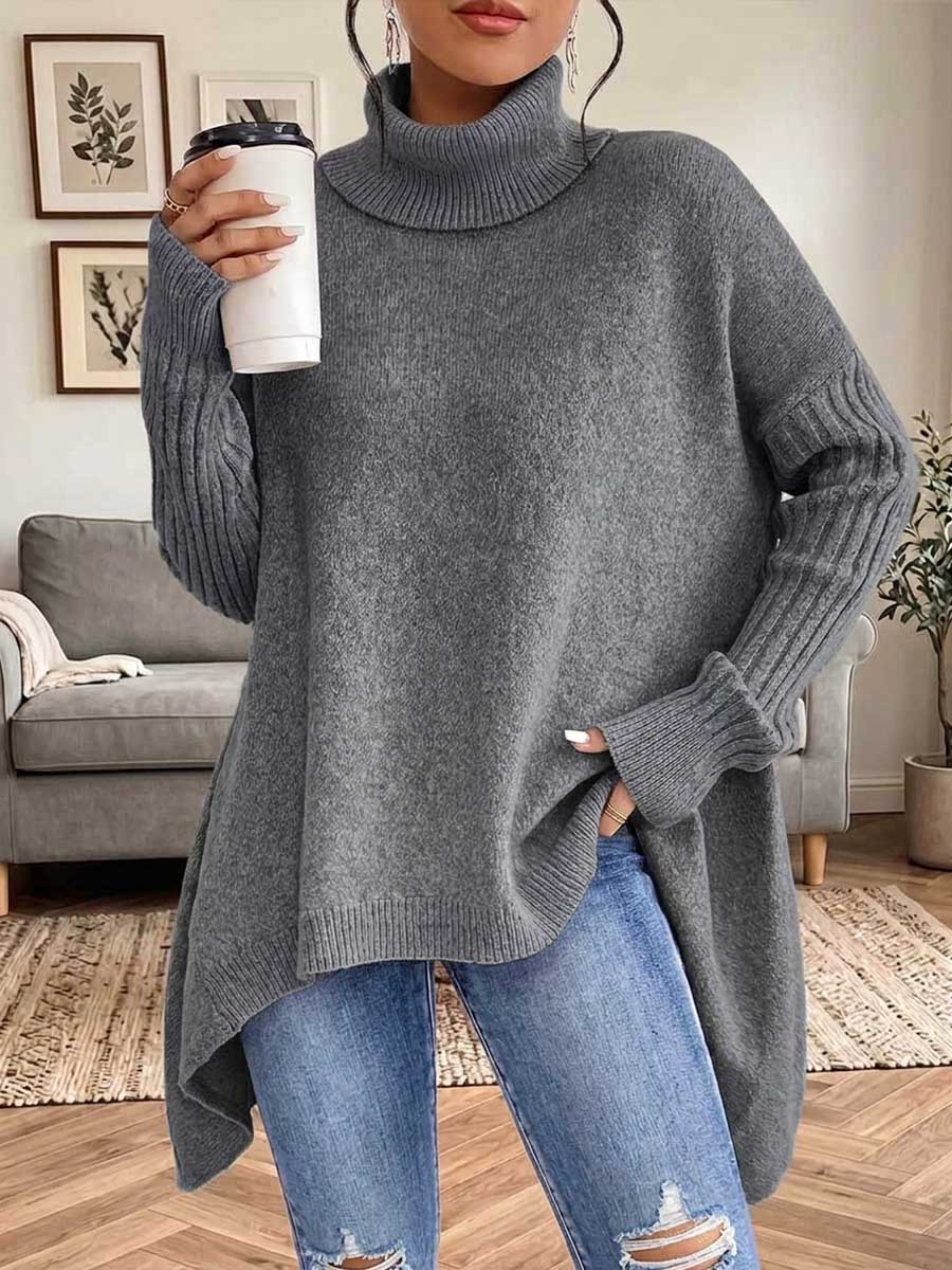 Women's Solid Color Stand Collar Long-sleeve Casual Loose Knit Top