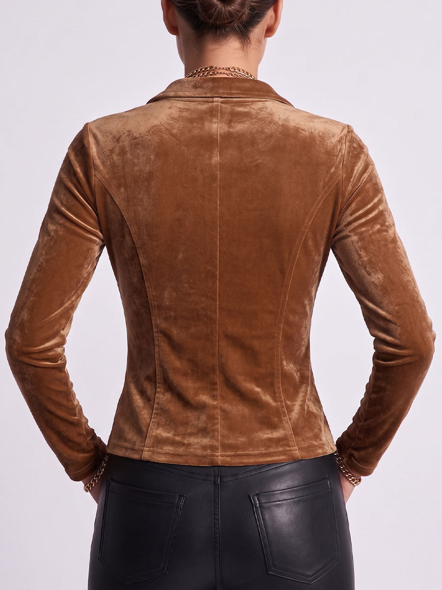 Women's Solid Color Lapel Long-sleeved Casual Loose Velvet Top